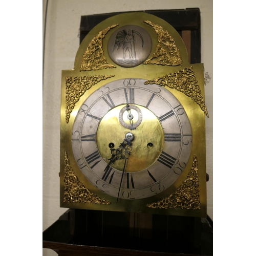 651 - Provincial oak longcase clock, 12'' brass arched dial with silvered chapter ring and Old Father Time... 