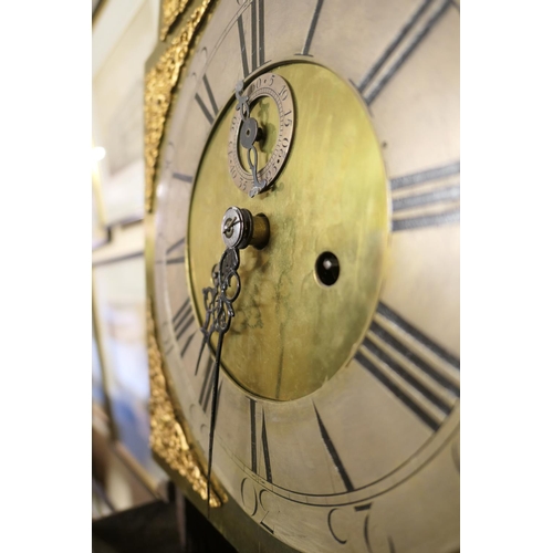 651 - Provincial oak longcase clock, 12'' brass arched dial with silvered chapter ring and Old Father Time... 