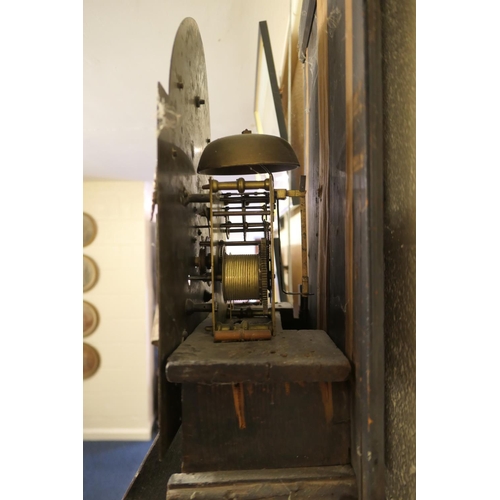 651 - Provincial oak longcase clock, 12'' brass arched dial with silvered chapter ring and Old Father Time... 