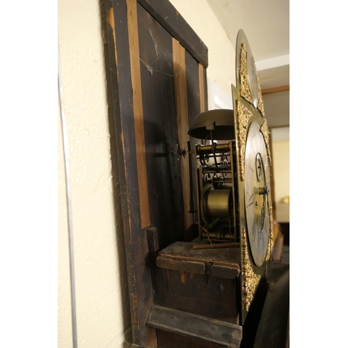 651 - Provincial oak longcase clock, 12'' brass arched dial with silvered chapter ring and Old Father Time... 