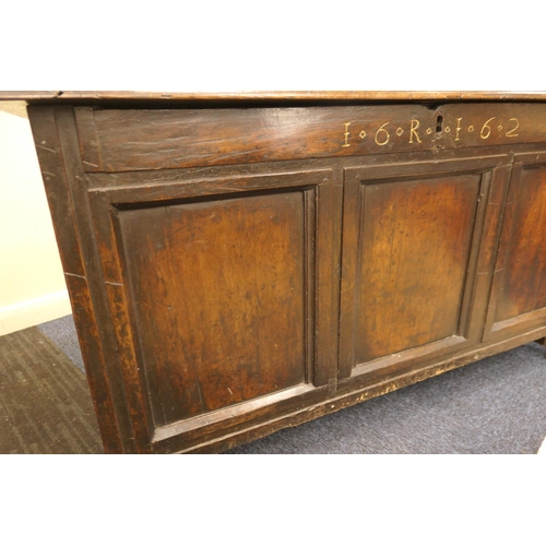 608 - Charles II oak joined coffer, dated 1662, the three recessed panel top over a front carved with '16 ... 