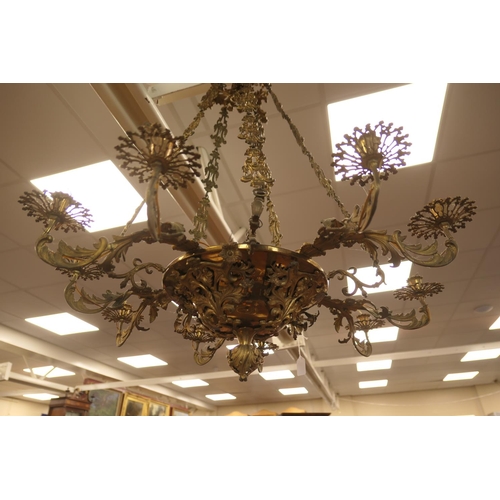 676 - French gilt brass ten branch chandelier, late 19th/early 20th Century, cast throughout with acanthus... 