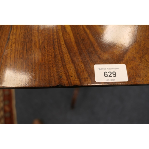 629 - Regency goncalo alves tripod table, rectangular top over a slender turned and ringed column, raised ... 