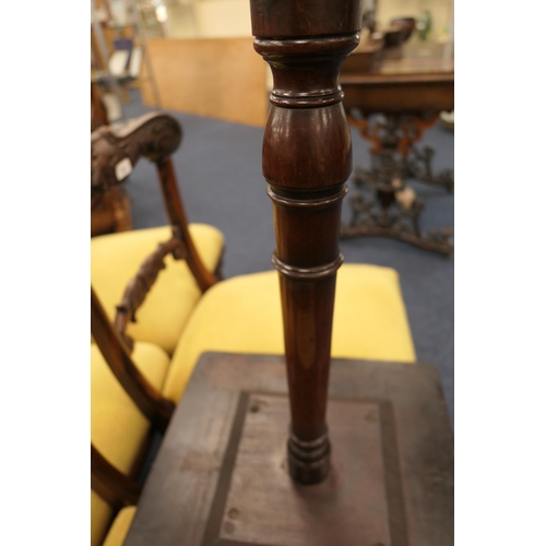 629 - Regency goncalo alves tripod table, rectangular top over a slender turned and ringed column, raised ... 