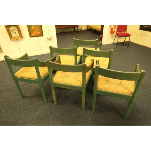 699 - Set of six green stained beech Carimate dining chairs, by Vico Magistretti for Habitat, comprising f... 