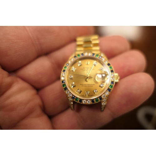 418 - Rolex Lady-Datejust diamond, sapphire and emerald set 18ct gold Oyster Perpetual wristwatch, model 6... 