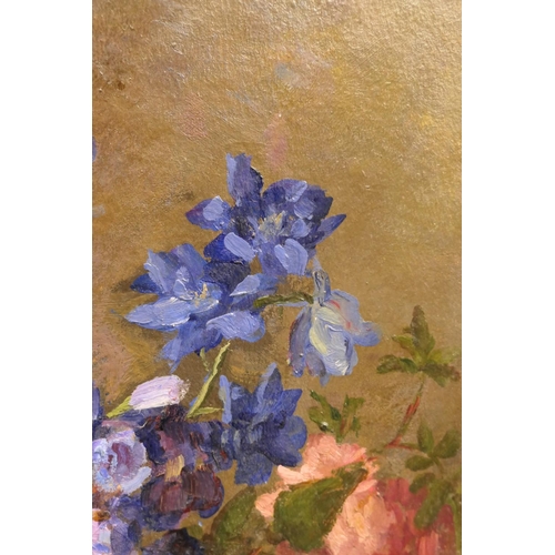 328 - Mabel G Marston (1862-1903), Delphiniums, ramblers and scabious, oil on board, signed, labelled vers... 