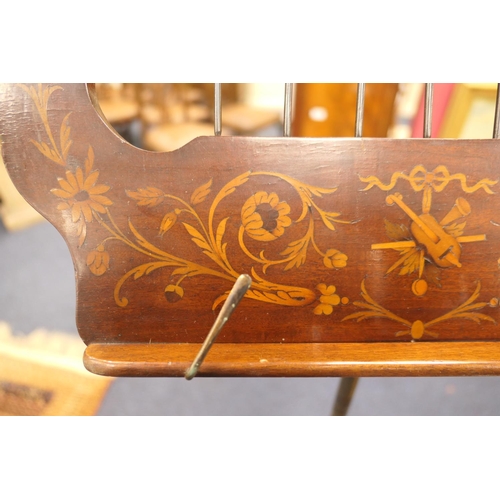 619 - Mahogany and inlaid adjustable music stand, probably Dutch, 19th Century, the lyre shaped adjustable... 