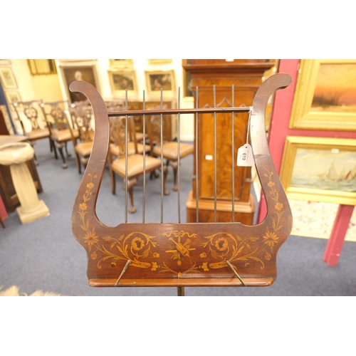 619 - Mahogany and inlaid adjustable music stand, probably Dutch, 19th Century, the lyre shaped adjustable... 