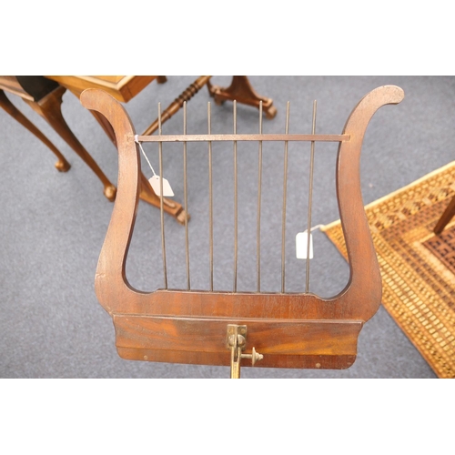 619 - Mahogany and inlaid adjustable music stand, probably Dutch, 19th Century, the lyre shaped adjustable... 