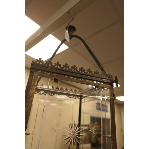 678 - Edwardian brass and cut glass hall lantern, the glass panels centred with a star cut, 66cm drop, 26c... 