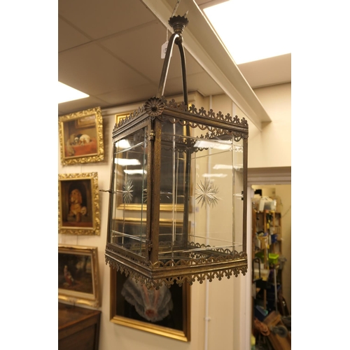 678 - Edwardian brass and cut glass hall lantern, the glass panels centred with a star cut, 66cm drop, 26c... 