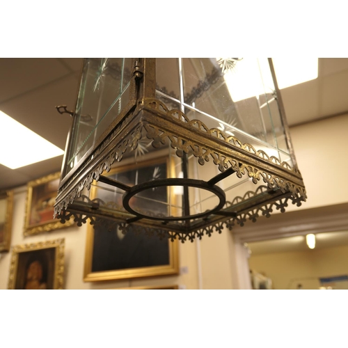 678 - Edwardian brass and cut glass hall lantern, the glass panels centred with a star cut, 66cm drop, 26c... 