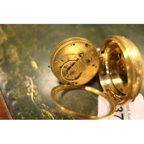 375 - Victorian 18ct gold open faced pocket watch, London 1874, white enamelled dial with Roman numerals, ... 