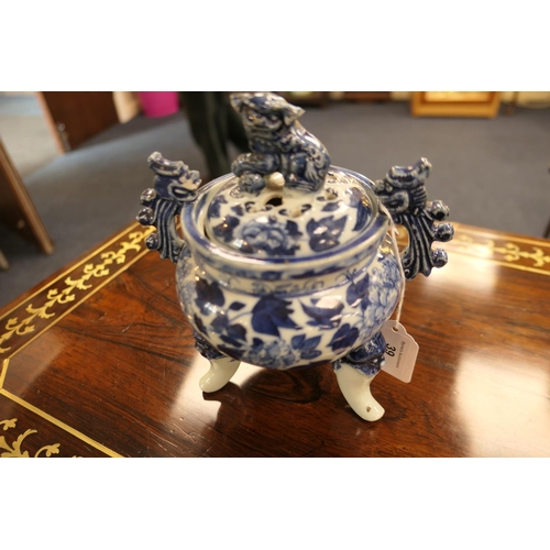 39 - Chinese blue and white porcelain censer, 19th Century, with Dog of Fo finial, mythological beast han... 