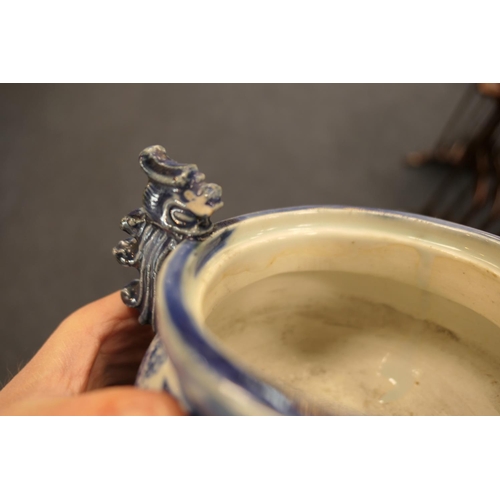 39 - Chinese blue and white porcelain censer, 19th Century, with Dog of Fo finial, mythological beast han... 