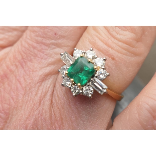 464 - Emerald and diamond cluster ring, square cut emerald of approx. 1ct, flanked by two baguette diamond... 