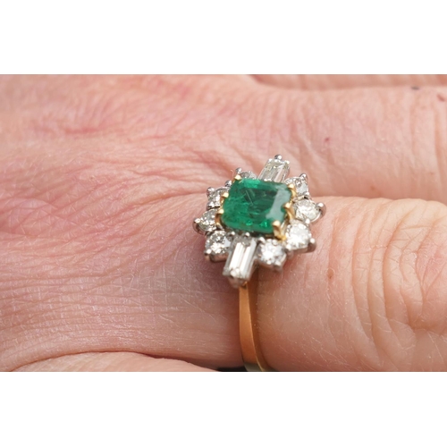 464 - Emerald and diamond cluster ring, square cut emerald of approx. 1ct, flanked by two baguette diamond... 