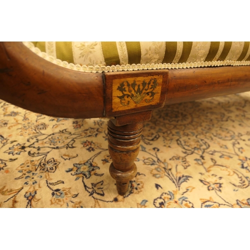 702 - Late Regency mahogany and brass inlaid double scroll end settee, the reeded top rail centred with a ... 