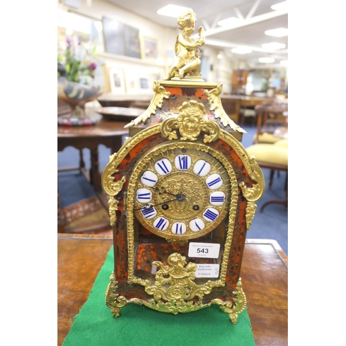 543 - French boulle mantel clock, circa 1880, the case surmounted with a cherub and gilt ormolu embellishm... 