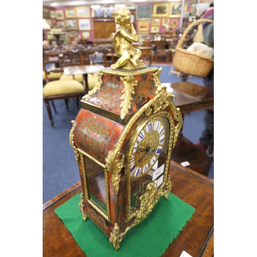 543 - French boulle mantel clock, circa 1880, the case surmounted with a cherub and gilt ormolu embellishm... 