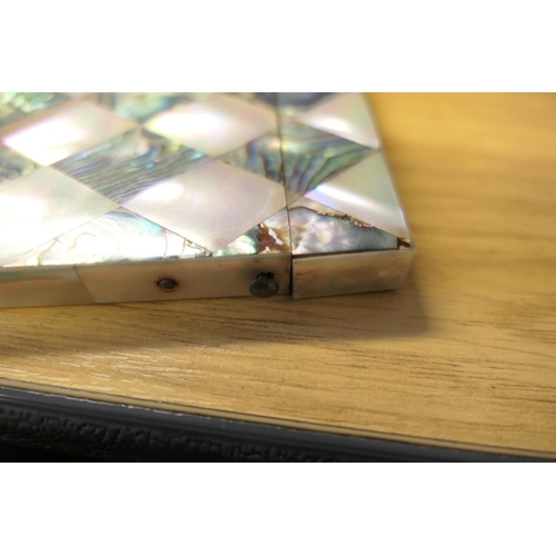 552 - French mother of pearl calling card case, with engraved silver diamond shaped escutcheon and a blue ... 