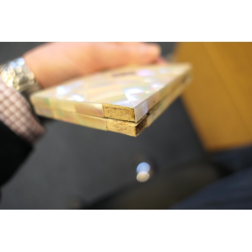 552 - French mother of pearl calling card case, with engraved silver diamond shaped escutcheon and a blue ... 