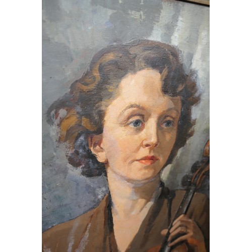 263 - Yule Hayes, Portrait of Mrs Mervyn Evans with violin, oil on canvas, signed and dated 1953, titled t... 