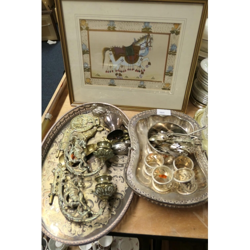 101 - Assorted silver plated wares including a pair of piano candlesticks, framed Indian gouache painting ... 