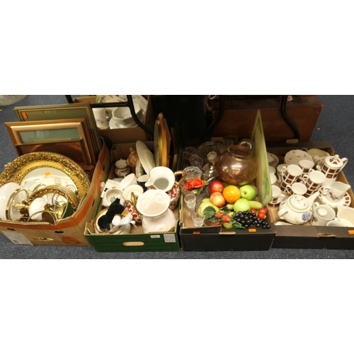 102 - Three boxes of mixed household china and glassware including a kitchen clock, decorative fruits; als... 