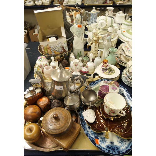 105 - Ornamental ceramics including handbells, porcelain figures, treen ware, silver plated three piece te... 