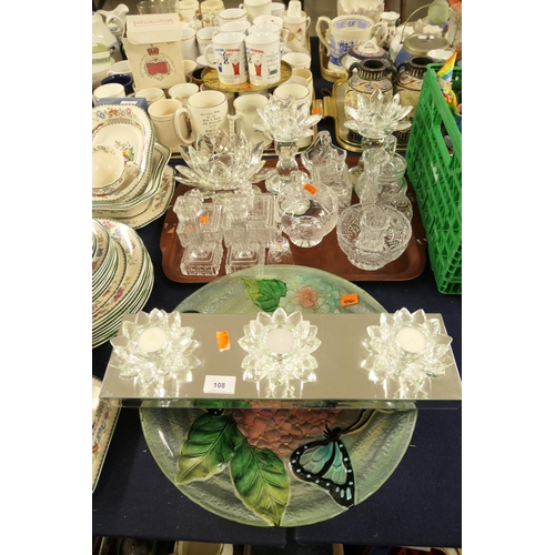 108 - Decorative foliate glass table decorations, coloured moulded glass butterfly plate etc.