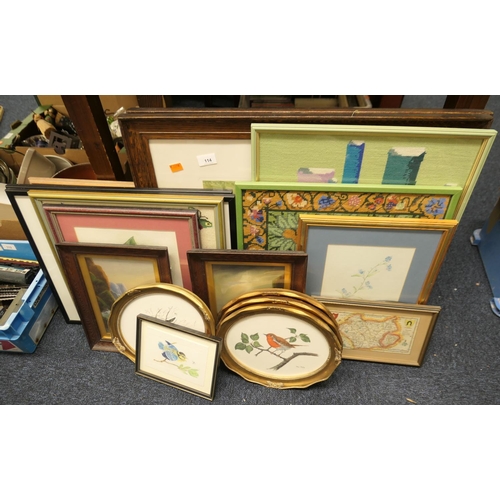 114 - Assorted framed pictures and prints including a hand coloured map of Leicestershire and Rutland