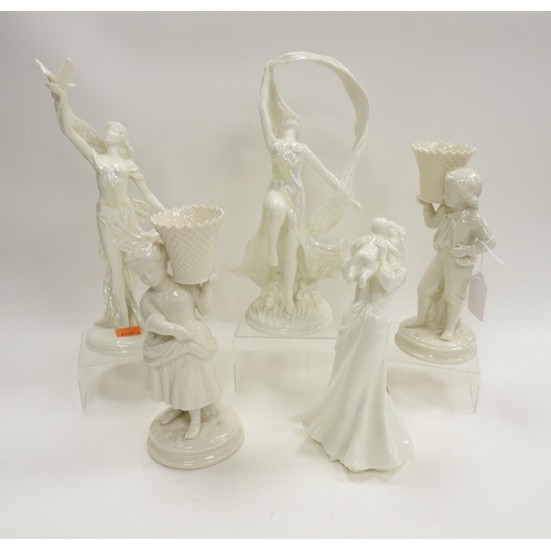 129 - Pair of Belleek glazed bisque figures of grape pickers; also Royal Worcester figure 'First Smile' an... 