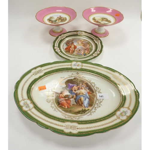 141 - Pair of Victorian decorated pink bordered comports; also Venetian classically decorated oval platter... 