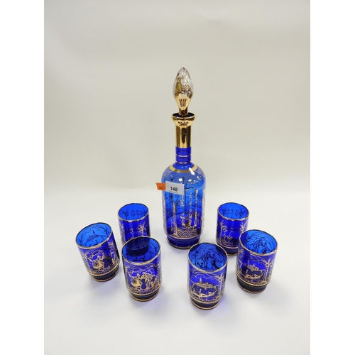 148 - Venetian gilded blue glass cordial set