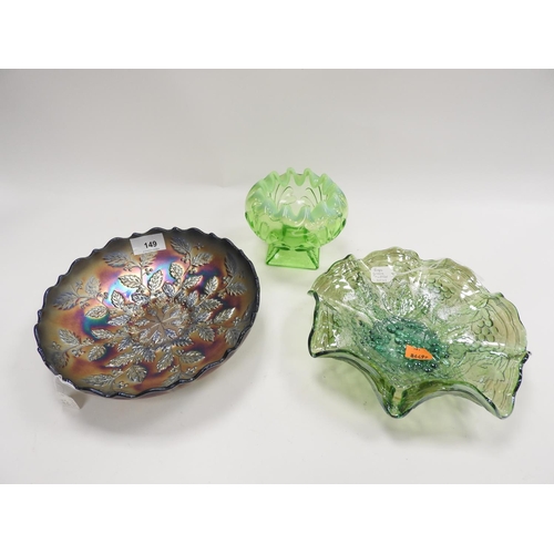 149 - American Fenton carnival blue glass bowl; also an American carnival frilled bowl and a moulded crimp... 