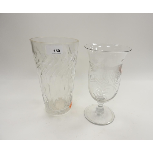 150 - Victorian engraved glass celery vase; also stylish cut glass cylinder vase (2)