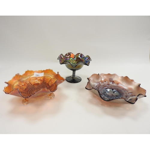 151 - American Fenton carnival glass bowl; also a further Fenton amethyst acorn bowl and an Imperial glass... 