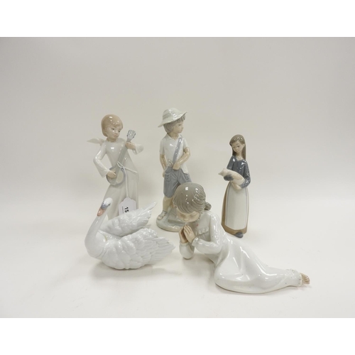 153 - Lladro porcelain figure of a girl with a piglet, Lladro swan and three Nao porcelain figures (5)