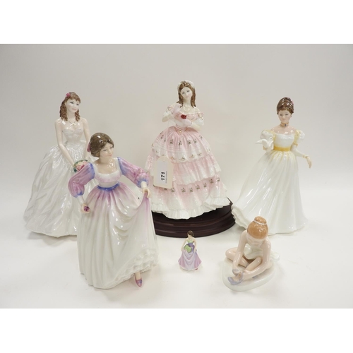 171 - Royal Doulton miniature lady 'Jessica'; also four further Royal Doulton figurines and a Royal Worces... 