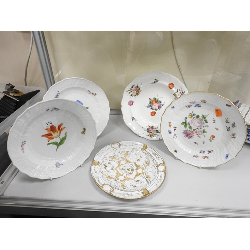 172 - Three Meissen floral decorated plates, Meissen gilded moulded plate and a Spode floral decorated dis... 