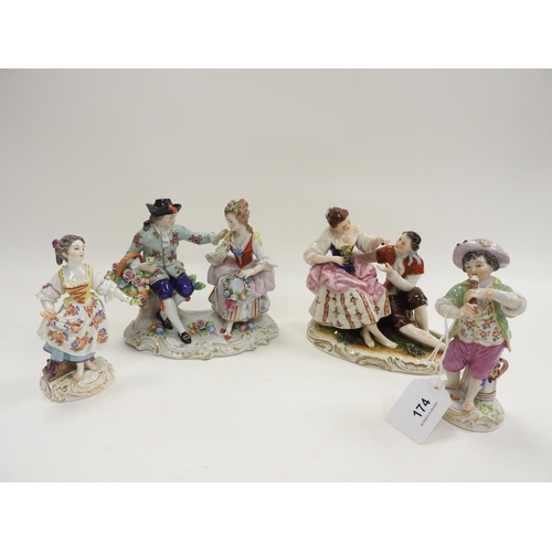 174 - Pair of Meissen figures of flower children; also a Sitzendorf figure group of courtiers and further ... 