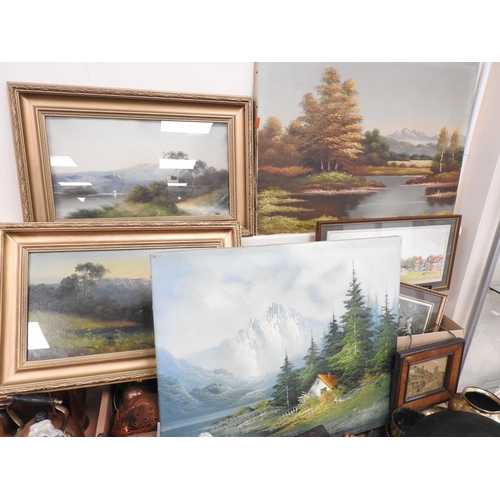 175 - Assorted framed and unframed pictures including two oil paintings