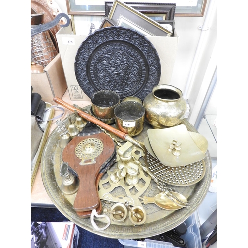 176 - Circular brass tray with other Indian brassware, brass skimmer, bellows, weights etc.