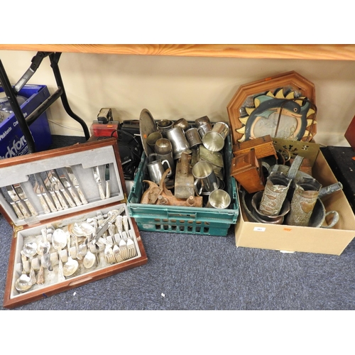 183 - Assorted collectables including old copper and brassware, various pewter tankards, wooden moulding a... 