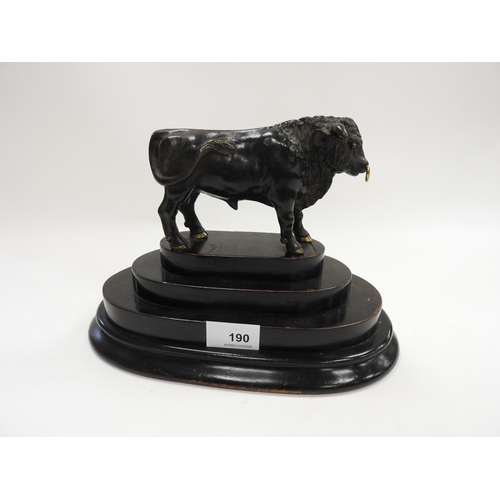 190 - After the Antique, bronze model of a bull, the bronze 16cm x 11cm, overall width 27cm