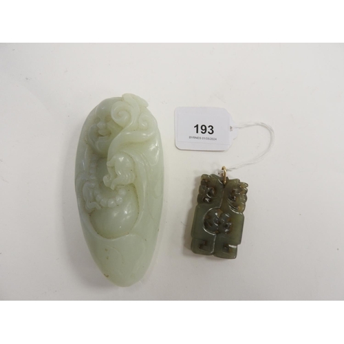 193 - Chinese carved jade pendant, 55mm x 34mm; also a celadon jadeite pebble, carved with a happy Buddha,... 