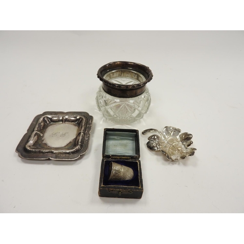 236 - Silver mounted cut glass jar, Birmingham 1901; also a cased silver thimble, continental 800 std silv... 