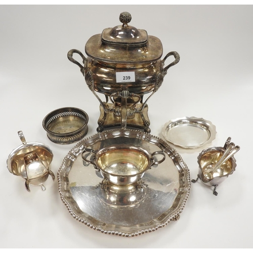 239 - Late Regency silver plated small samovar, height 28.5cm, small assortment of other silver plated war... 